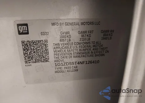 2022 Chevrolet Malibu Fwd Lt z USA, uszkodzony, nr VIN 1G1ZD5ST4NF126410